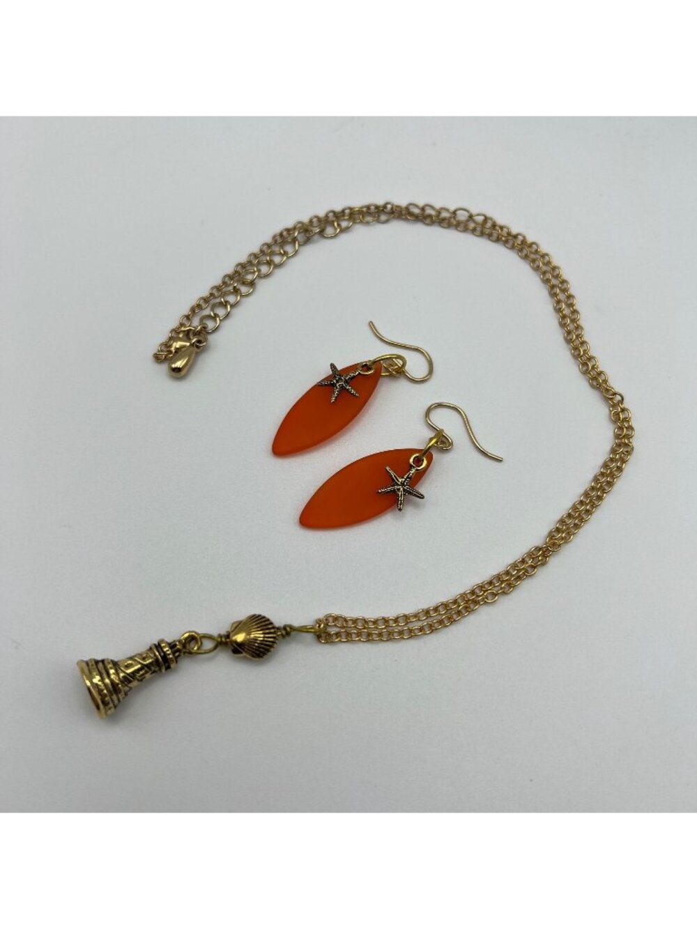 Gold Lighthouse Pendant Necklace & Orange Starfish Earrings Set Beach-Inspired J